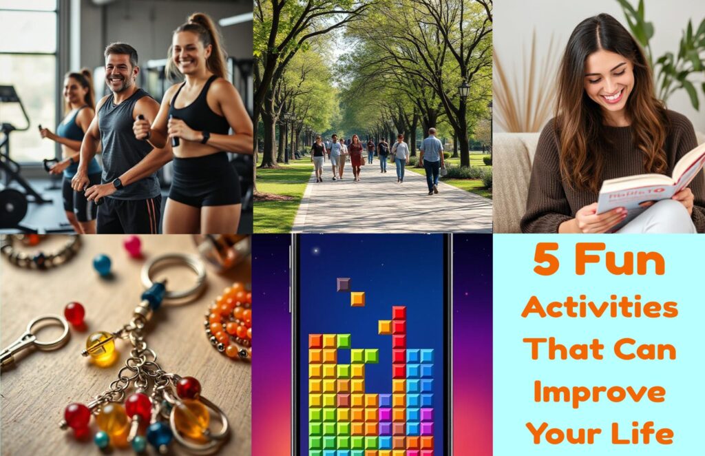An image of people working out at the gym, walking in the park, reading, crafting, and a puzzle game.