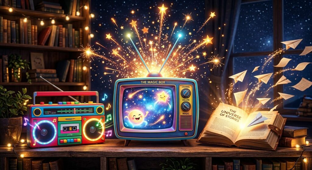A colorful radio, blue TV emitting stars, and a book with paper planes flying out of it.